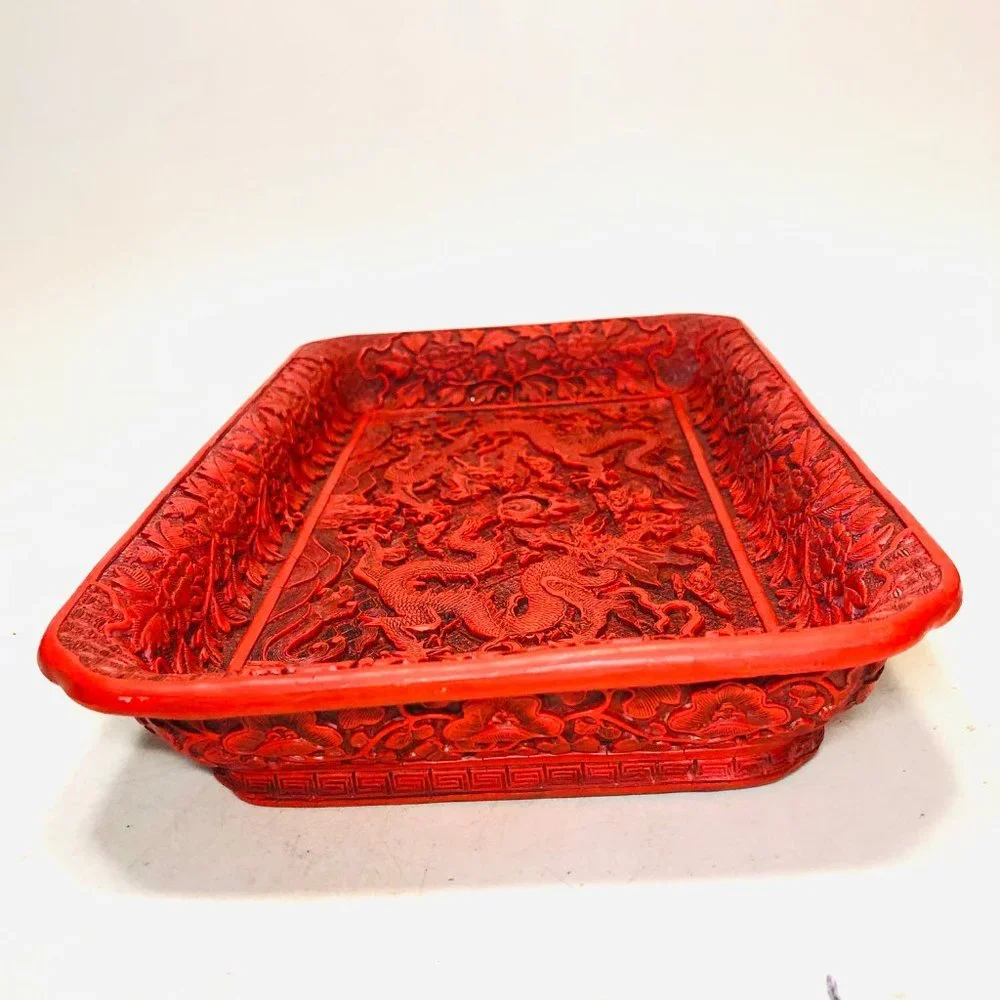 Vtg Chinese Cinnabar Style Resin Dragons Tray